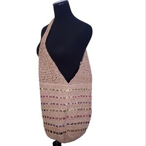 Vintage Tan Straw Beaded Hobo Bag